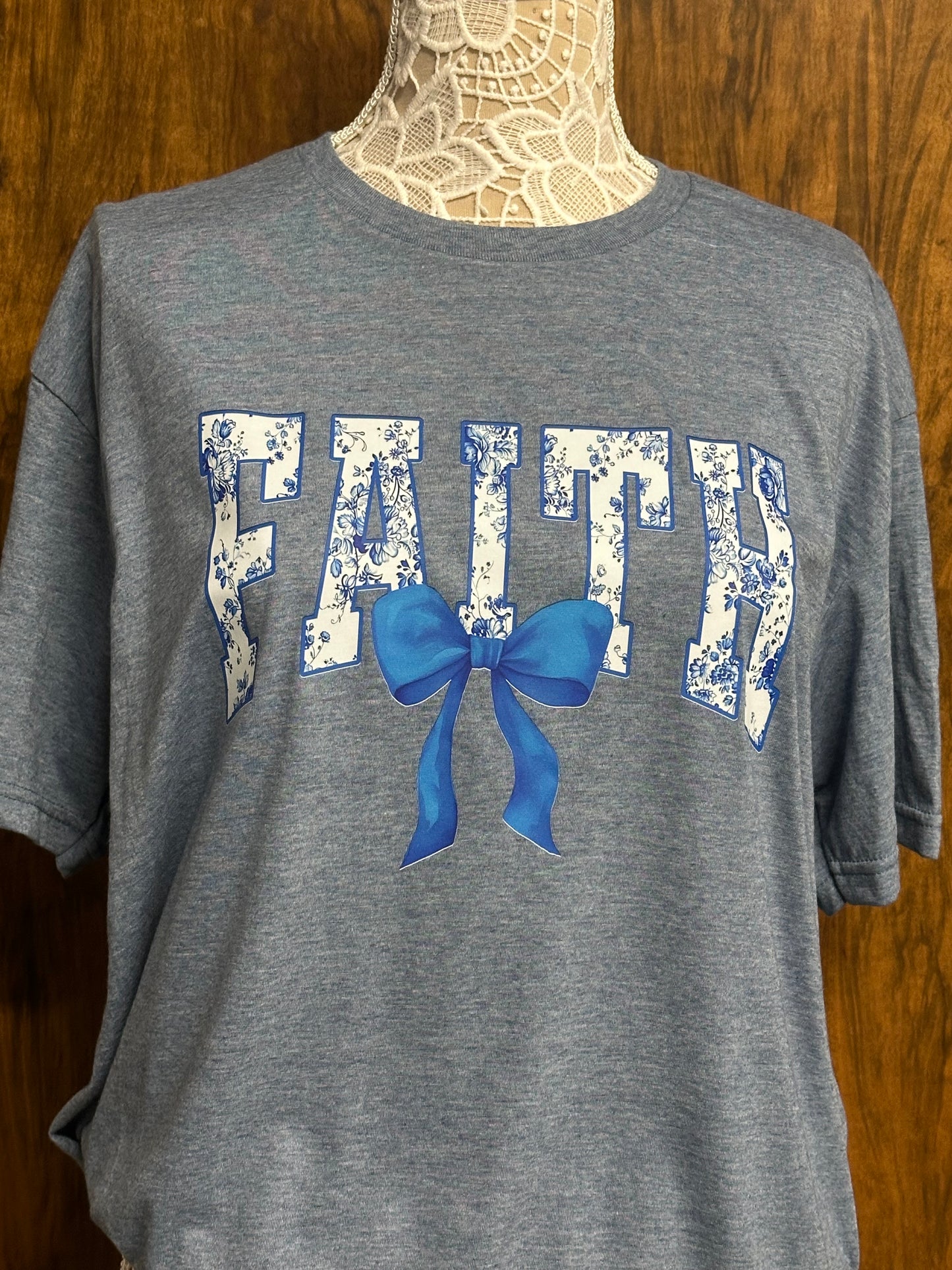 Blue floral FAITH with blue bow Adult T-shirt