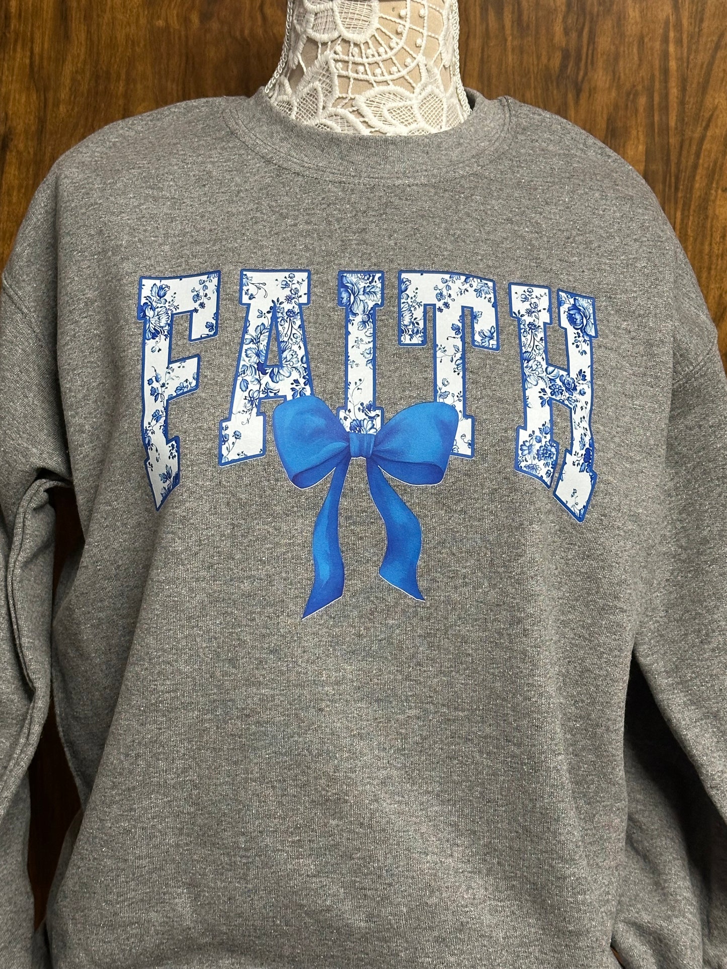 Blue Floral FAITH with blue bow Sweatshirt