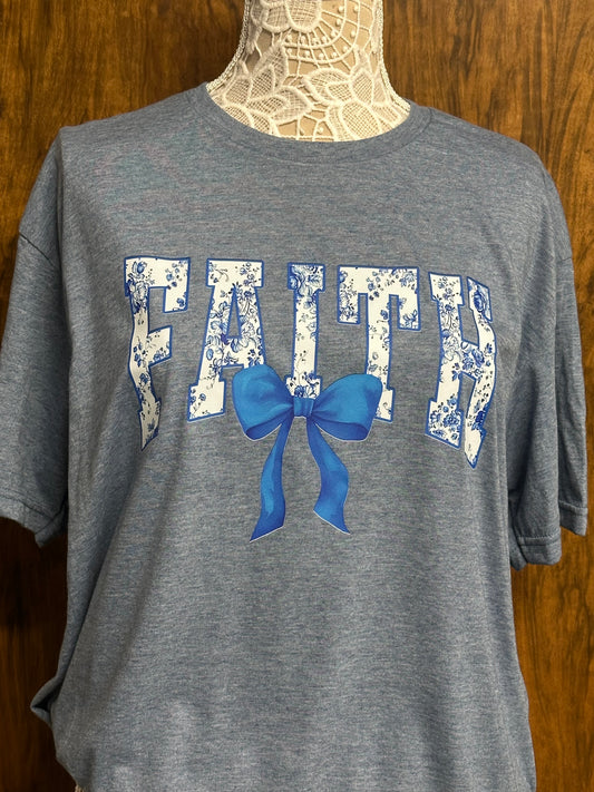 Blue floral FAITH with blue bow Adult T-shirt