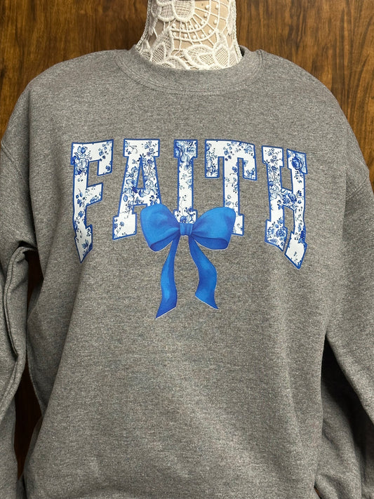 Blue Floral FAITH with blue bow Sweatshirt